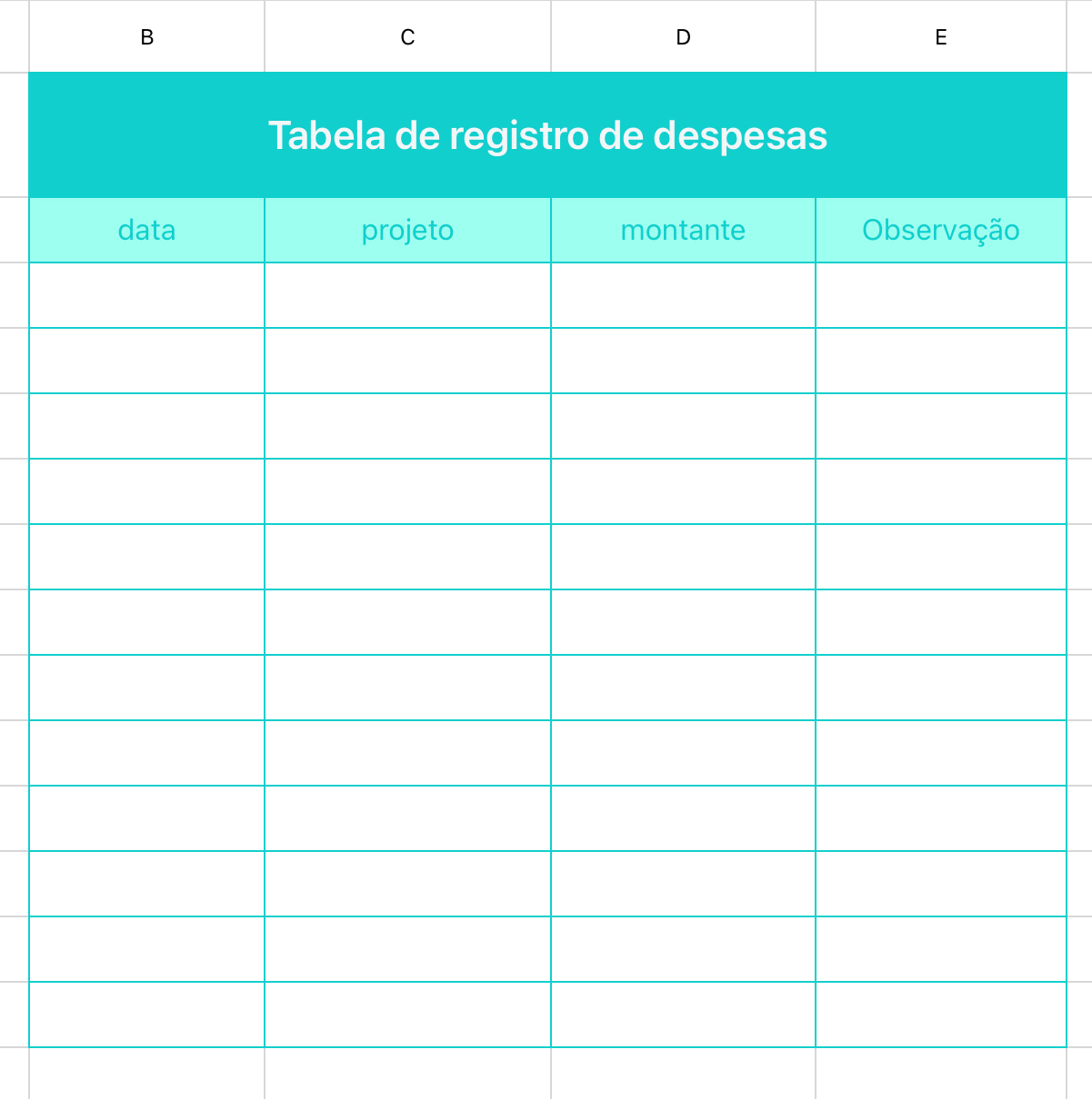 Tabela de registro de despesas